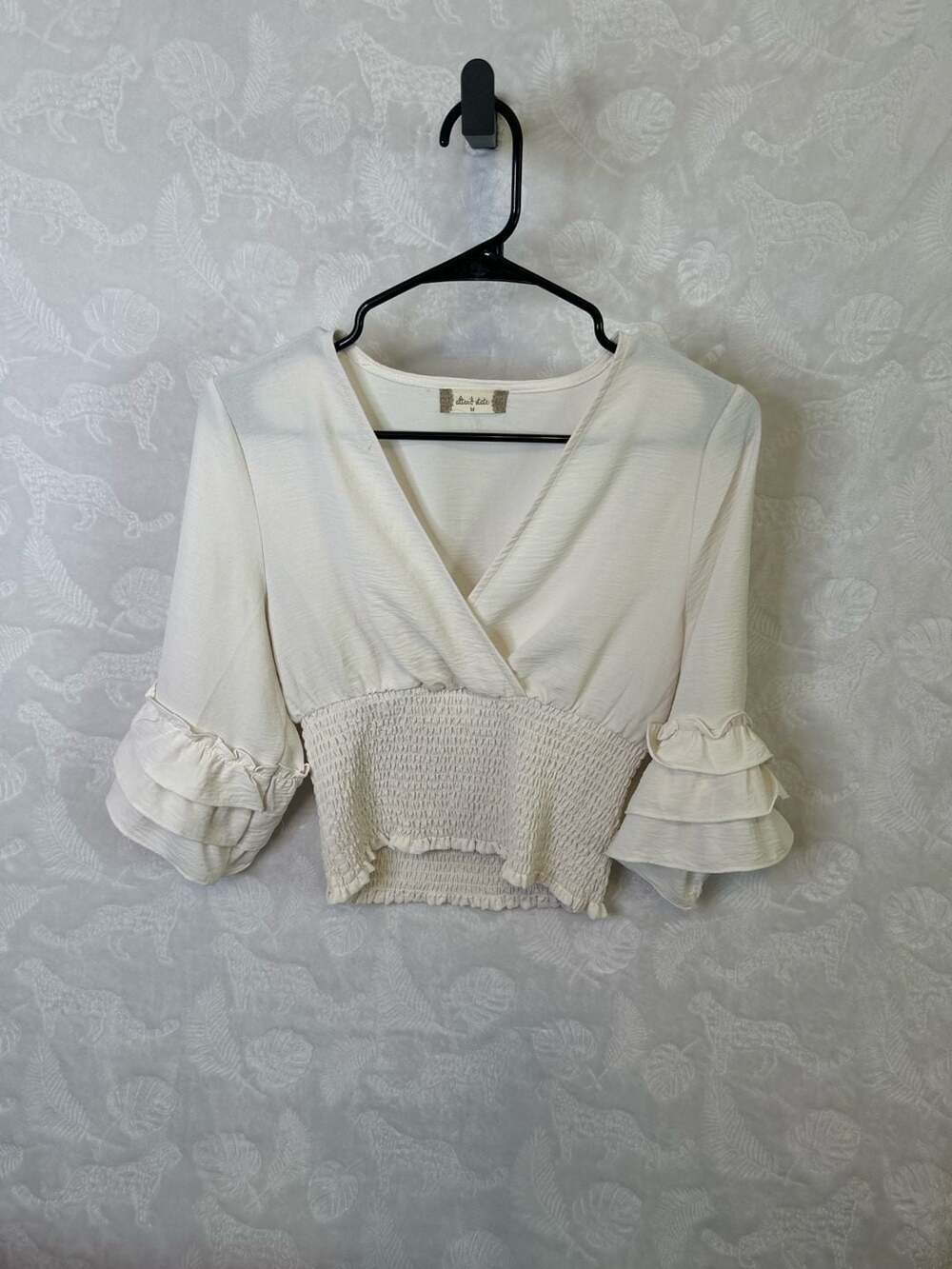 Altar'd State Cream V-Neck Smocked Waist Ruffle Sleeve Crop Top Size M